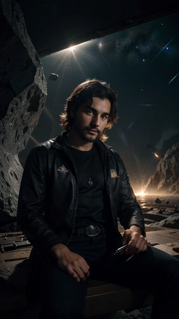 Draw a young programmer, sitting on a research platform floating in the middle of an asteroid belt. He is studying with a notebook, surrounded by several asteroids glowing with fiery auras. Dramatic lighting from distant stars and planets illuminates the scene, casting deep shadows on the suit. The young man looks confident and determined, looking at the vast and mysterious universe with wonder and respect,facial hair, cowboy shot,