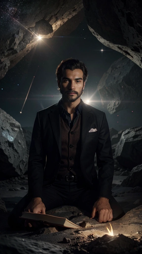 Draw a young programmer, sitting on a research platform floating in the middle of an asteroid belt. He is studying with a notebook, surrounded by several asteroids glowing with fiery auras. Dramatic lighting from distant stars and planets illuminates the scene, casting deep shadows on the suit. The young man looks confident and determined, looking at the vast and mysterious universe with wonder and respect,facial hair, cowboy shot,