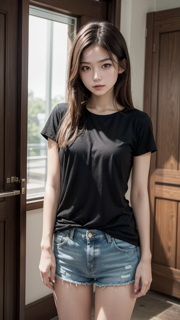 Greater definition, high sharpness. Realistic woman, clear skin, small stature, loose black t-shirt, exposed ambomen, short denim shorts, long brown hair