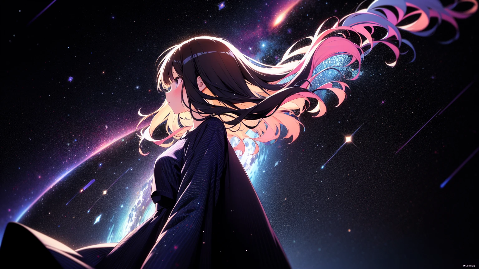 side view, upper body, (best quality, ultra-high resolution, depth of field:1.2), Girl wearing starry dress, The Milky Way stretches to the horizon,Elegant twirl in long skirt,deep indigo and violet shades, A feeling of wonder and vastness of the universe, illustration, oil painting on canvas,