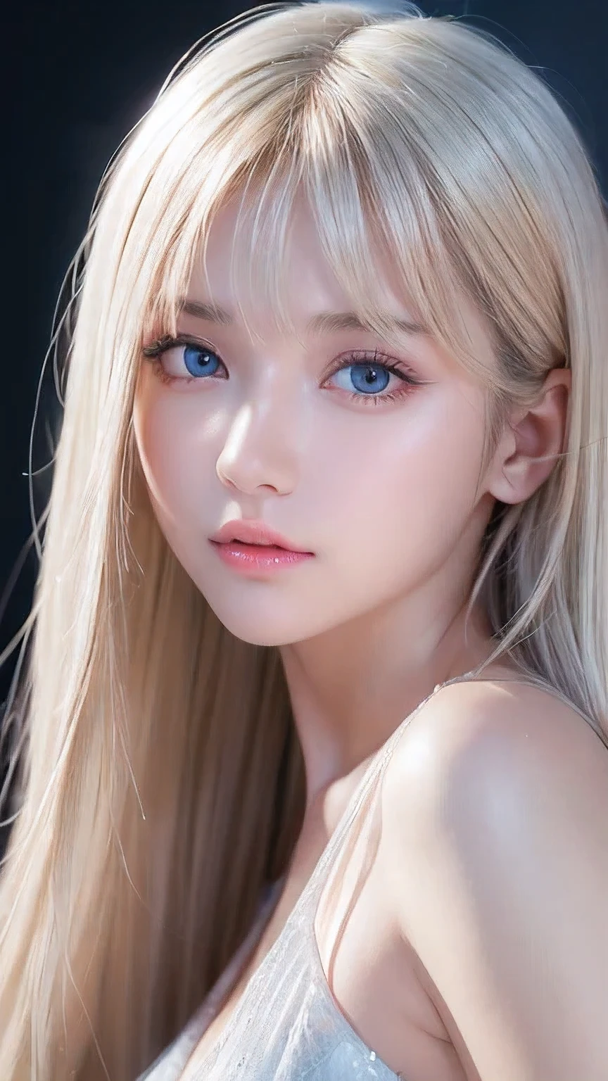 Dressed、(Photorealistic:1.4)、(ハイパーRealistic:1.4)、(Realistic:1.3)、(Smooth lighting:1.05)、(Improved cinematic lighting quality:0.9)、32k、1 Girl、A beautiful woman、Very cute expression、A beautiful 15 year old blonde girl、bangs that fall on the face、Bangs left over the eyeessy bangs between the eyes and nose、Realistic top lighting、Backlight、Face Light、Super long silky platinum hair、Blonde rays、(Bright light:1.2)、(quality improvement:1.4)、(Highest quality realistic textured skin:1.4)、Very beautiful, detailed, shiny, very bright, mint blue, large eyes、Very big eyes、Detailed face、A careful eye for quality、(Tired, sleepy and satisfied: 0.0)、Face close up、T-Shirts、(Enhances the body line:1.1)、(Enhances the beauty of skin texture:1.1)、Cheek gloss highlighter、Small Face Beauty、Round face、Very white and bright skin