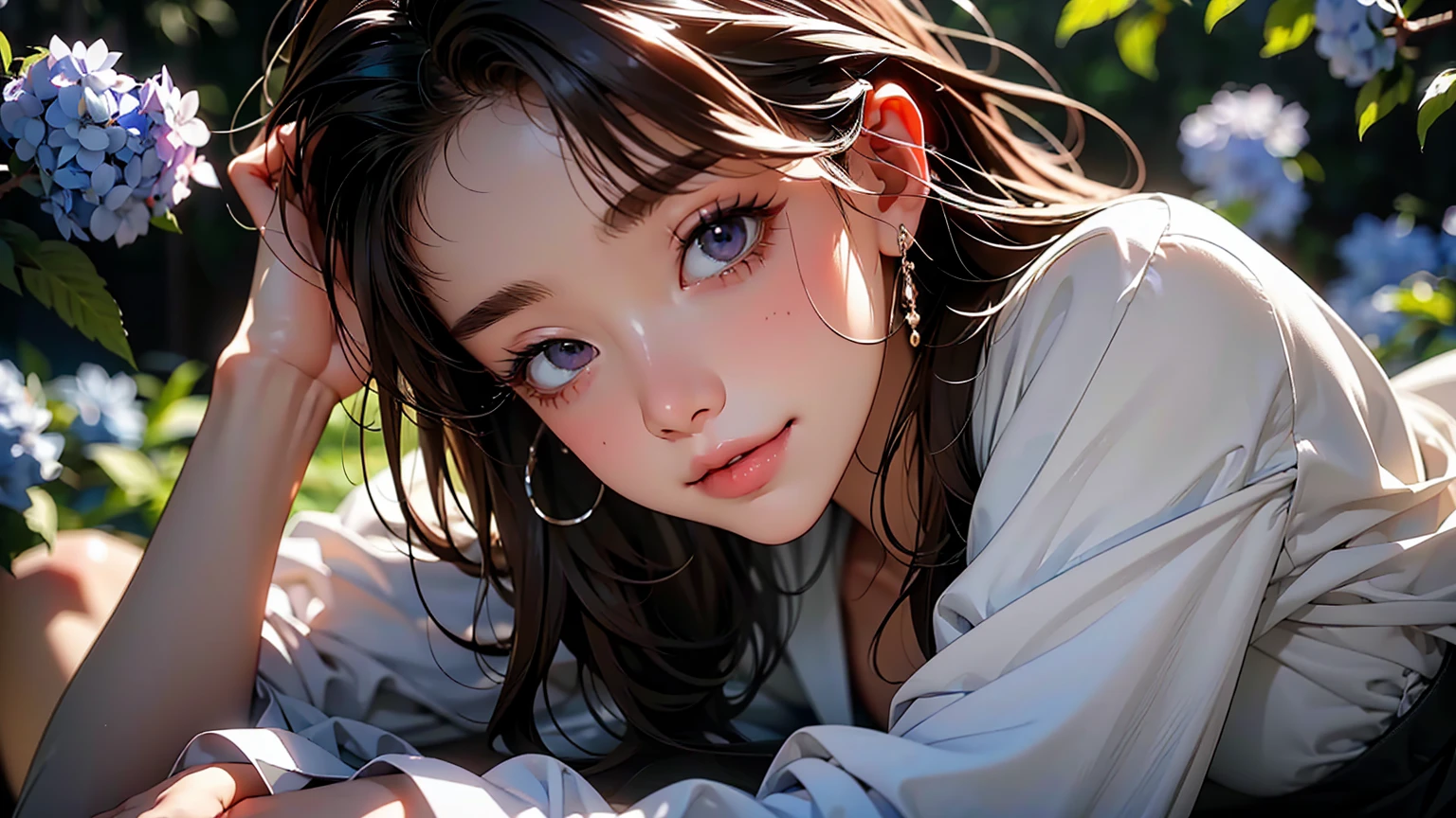 masterpiece、high resolution 8k、NSFW、sharp focus、contrast lighting、fine skin、muste piece、 highest quality、Ultra - High resolution、Super high resolution、Highly detailed CG、woman is laying down in a field of Hydrangea purple flowers、woman is wearing a pair of headphones. She is smiling and seems to be enjoying a pleasant moment of relaxation.、beautiful eyes、(Detailed face and iace:1 2)、narrow eyes、almond eye、Black pupil、eye gradation eye highlight:1.2)、(light reddish brown hair、middle、asymmetrical bangs)、(ID card、Blazer for office wear shortage、white cutter shirt、black pencil skirt、pumps)、(plump lips、gross、glossy lips、small breast size) 、(oval face : 1.4)、(thin fingers、fine arms、detailed human hand)、laughter half open、teeth visible