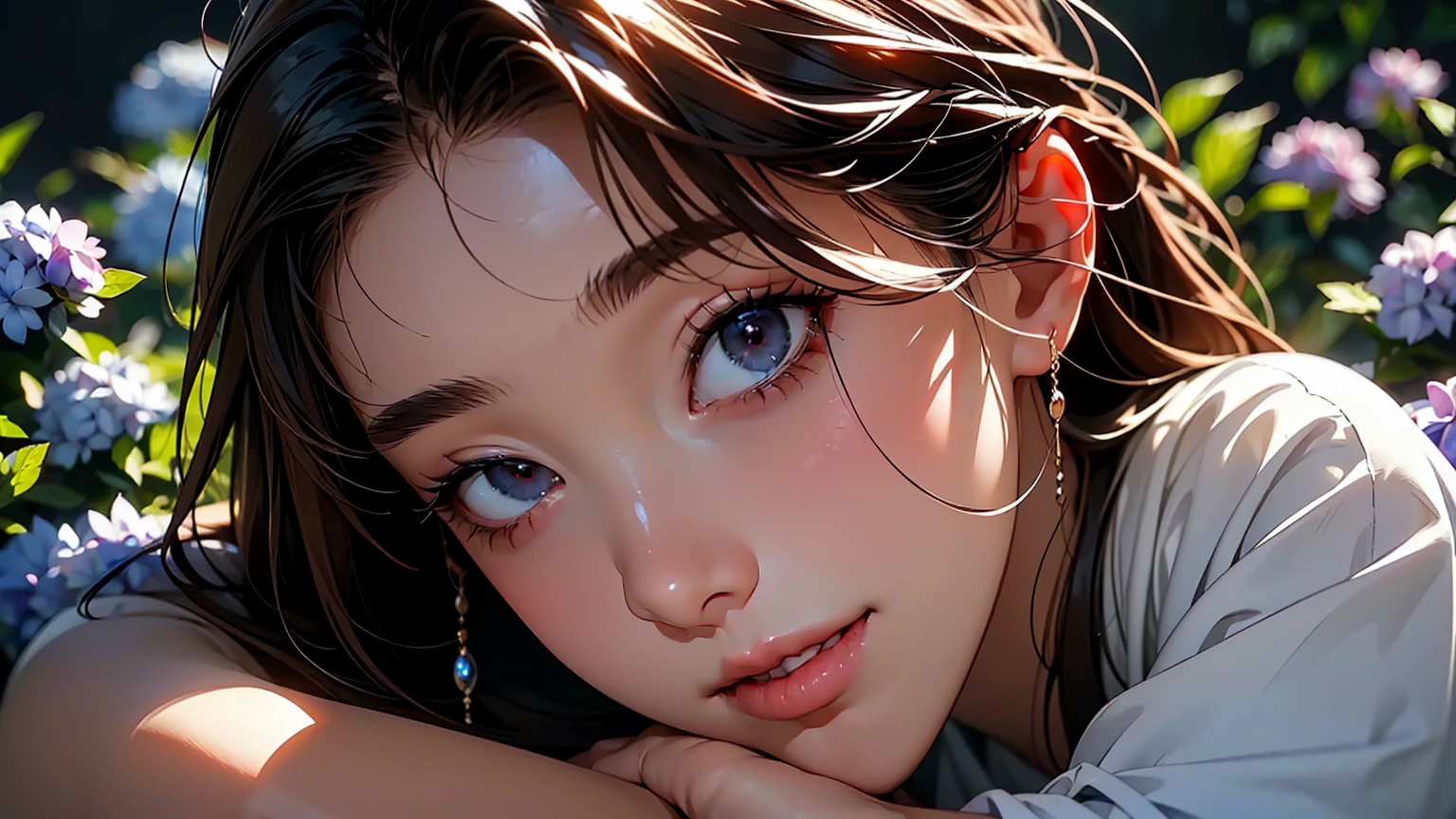 masterpiece、high resolution 8k、NSFW、sharp focus、contrast lighting、fine skin、muste piece、 highest quality、Ultra - High resolution、Super high resolution、Highly detailed CG、woman is laying down in a field of Hydrangea purple flowers、woman is wearing a pair of headphones. She is smiling and seems to be enjoying a pleasant moment of relaxation.、beautiful eyes、(Detailed face and iace:1 2)、narrow eyes、almond eye、Black pupil、eye gradation eye highlight:1.2)、(light reddish brown hair、middle、asymmetrical bangs)、(ID card、Blazer for office wear shortage、white cutter shirt、black pencil skirt、pumps)、(plump lips、gross、glossy lips、small size) 、(oval face : 1.4)、(thin fingers、fine arms、detailed human hand)、laughter half open、teeth visible