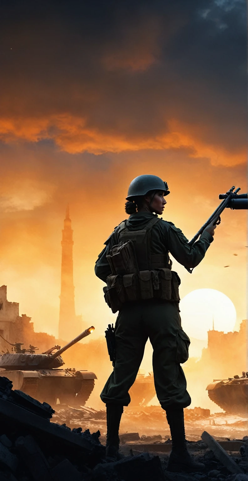 (A female soldier raised her hand to touch something,Carrying a sniper rifle on his back:1.5,Background is the ruins of the city,Under the sunset:1.5)painting masterpiece, Extremely detailed, Black White Dark Steel Dark Blue Black Light Brown Dark Brown White Light Orange Dark Red Dark Green, Dramatic Lighting, evening, High contrast, steam, FOG, Israeli soldiers fighting with tanks on the battlefield, Movie Lighting, Aspect ratio of 16:9, steam, 4K, professional ominous Concept Art, author:artgerm and greg rutkowski, complex, elegant, Highly detailed digital painting, Concept Art, Smooth, Clear focus, illustration, Simon Starenhagen's style, Wayne Barlow, 和 igor kieryluk., Acrylic painting, Popular in pixiv Fan Box, Palette knife and brush strokes, Makoto Shinkai's styleJamie WiseJames GirardEdward HopperGreg RutkowskiStudio GhibliGenshin Impact