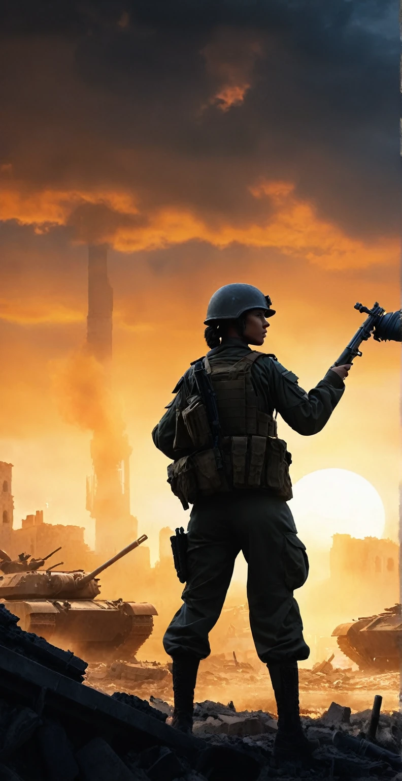 (A female soldier raised her hand to touch something,Carrying a sniper rifle on his back:1.5,Background is the ruins of the city,Under the sunset:1.5)painting masterpiece, Extremely detailed, Black White Dark Steel Dark Blue Black Light Brown Dark Brown White Light Orange Dark Red Dark Green, Dramatic Lighting, evening, High contrast, steam, FOG, Israeli soldiers fighting with tanks on the battlefield, Movie Lighting, Aspect ratio of 16:9, steam, 4K, professional ominous Concept Art, author:artgerm and greg rutkowski, complex, elegant, Highly detailed digital painting, Concept Art, Smooth, Clear focus, illustration, Simon Starenhagen's style, Wayne Barlow, 和 igor kieryluk., Acrylic painting, Popular in pixiv Fan Box, Palette knife and brush strokes, Makoto Shinkai's styleJamie WiseJames GirardEdward HopperGreg RutkowskiStudio GhibliGenshin Impact