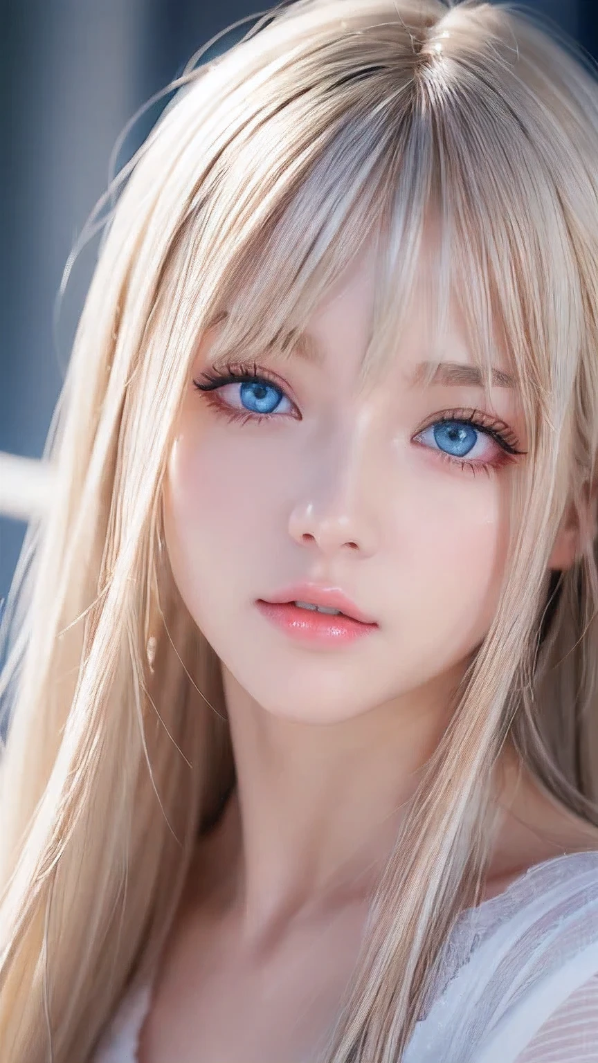 Dressed、(Photorealistic:1.4)、(ハイパーRealistic:1.4)、(Realistic:1.3)、(Smooth lighting:1.05)、(Improved cinematic lighting quality:0.9)、32k、1 Girl、A beautiful woman、Very cute expression、A beautiful 15 year old blonde girl、bangs that fall on the face、Bangs left over the eyeessy bangs between the eyes and nose、Realistic top lighting、Backlight、Face Light、Super long silky platinum hair、Blonde rays、(Bright light:1.2)、(quality improvement:1.4)、(Highest quality realistic textured skin:1.4)、Very beautiful, detailed, shiny, very bright, mint blue, large eyes、Very big eyes、Detailed face、A careful eye for quality、(Tired, sleepy and satisfied: 0.0)、Face close up、T-Shirts、(Enhances the body line:1.1)、(Enhances the beauty of skin texture:1.1)、Cheek gloss highlighter、Small Face Beauty、Round face、Very white and bright skin