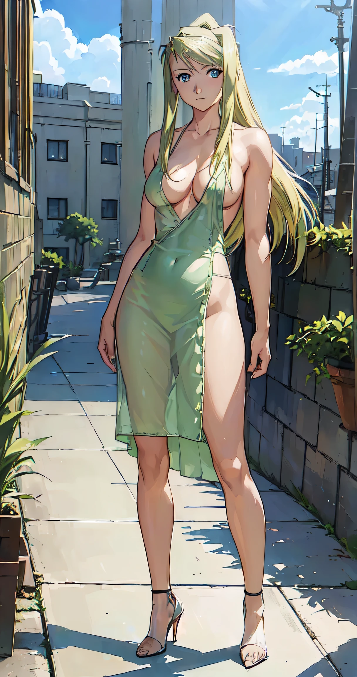 adult content, explicit content, masterpiece, best quality, (realistic image:1.5), 1girl, winry_rockbell, blonde hair, blue eyes, solo, looking at viewer, ligne claire, , Utopian/Post-scarcity, , Hiromu Arakawa's_style, (full body image:1.5), (Winry standing up against a wall with sexy dress that shows naked boobs:1.5), (Winry wears sexy high heels shoes:1.5)
