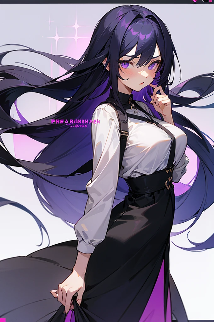 A girl,Black long hair,Dissemination,Lilac pupils,Big breasts,20 years old,Humanity,A bit dull,mild,Dress conservatively,Azur route style,Casual wear