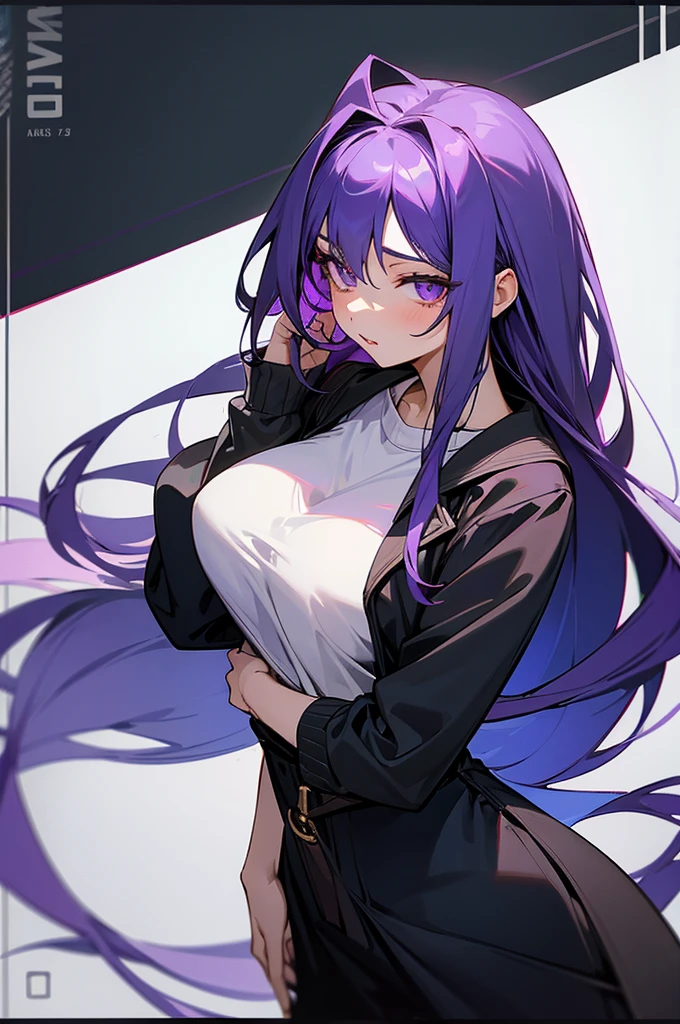 An 18-year-old cat girl with long black hair with purple ends, blue eyes, chest, and round-shaped glasses. (Black T shirt , black crop top shirt, Black off-the-shoulder shirt, Cat pattern in the middle of the shirt),school short black skirt, black panties, standing, looking down, Smiling brightly