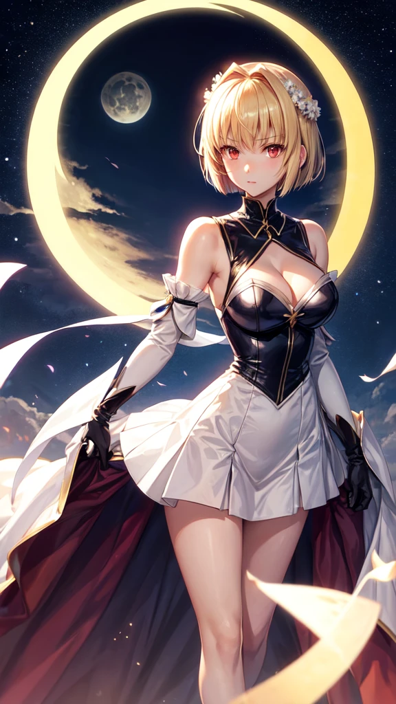 1girl, archetype earth \(hime\),arcueid \(tsukihime\), arcueid \(dress\), breasts, cleavage, detached collar, detached sleeves, full moon, gloves, large breasts, looking at viewer, moon, night, night sky, sky, annoyed, solo, white gloves, (standing:1.4), fullbody, red eyes, ruby eyes, blonde hair