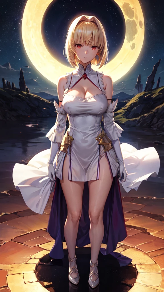1girl, archetype earth \(hime\),arcueid \(tsukihime\), arcueid \(dress\), , cleavaghed collar, detached sleeves, full moon, gloves, large breasts, lookinewer, moon, night, night sky, sky,noyed, o, white gloves, (standing:1.4), fullbody, red eyes, ruby eyes, blonde hair