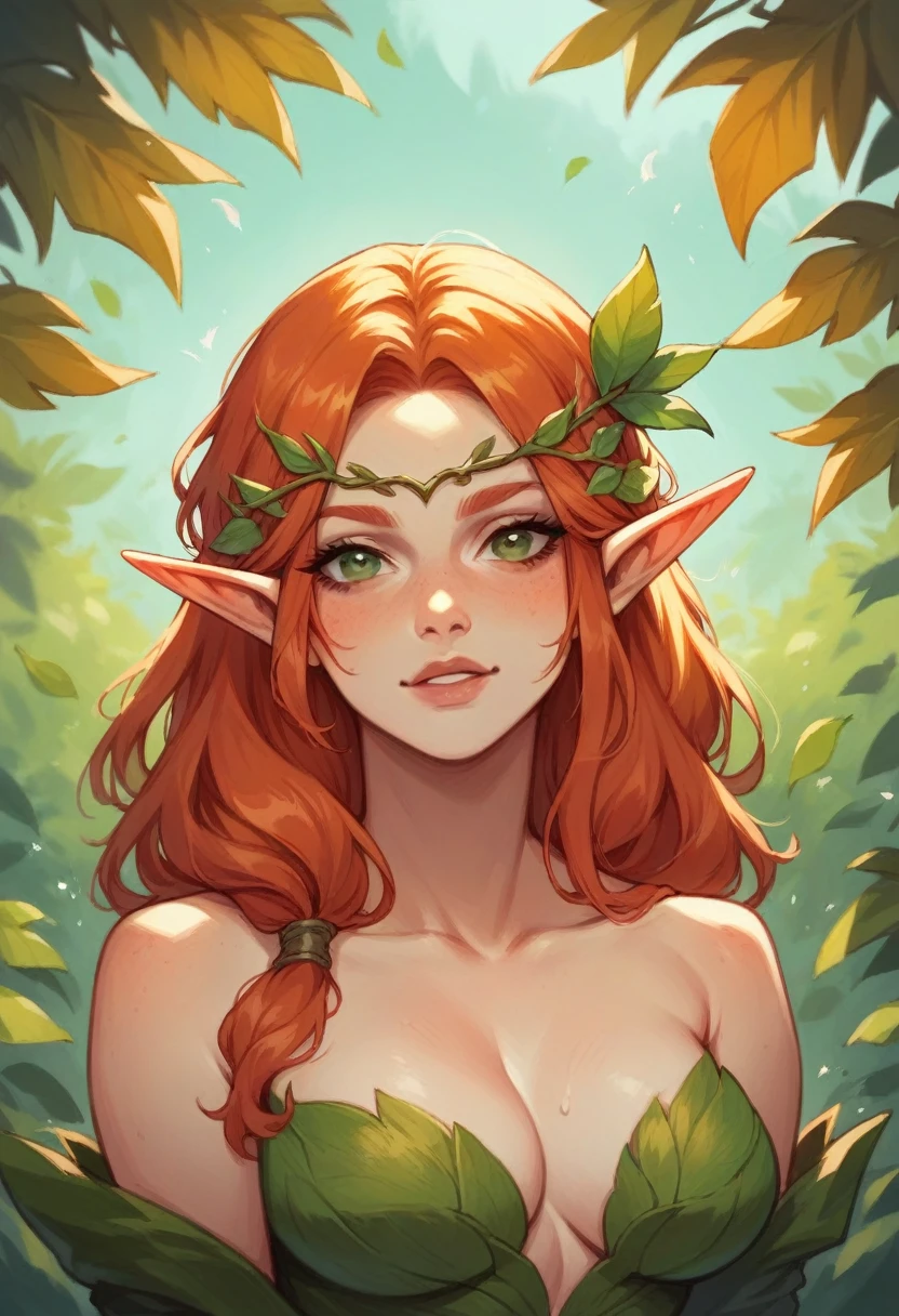 redhead with elf ears in a leaf costume with a seductive look with her torso facing forward looking at the viewer