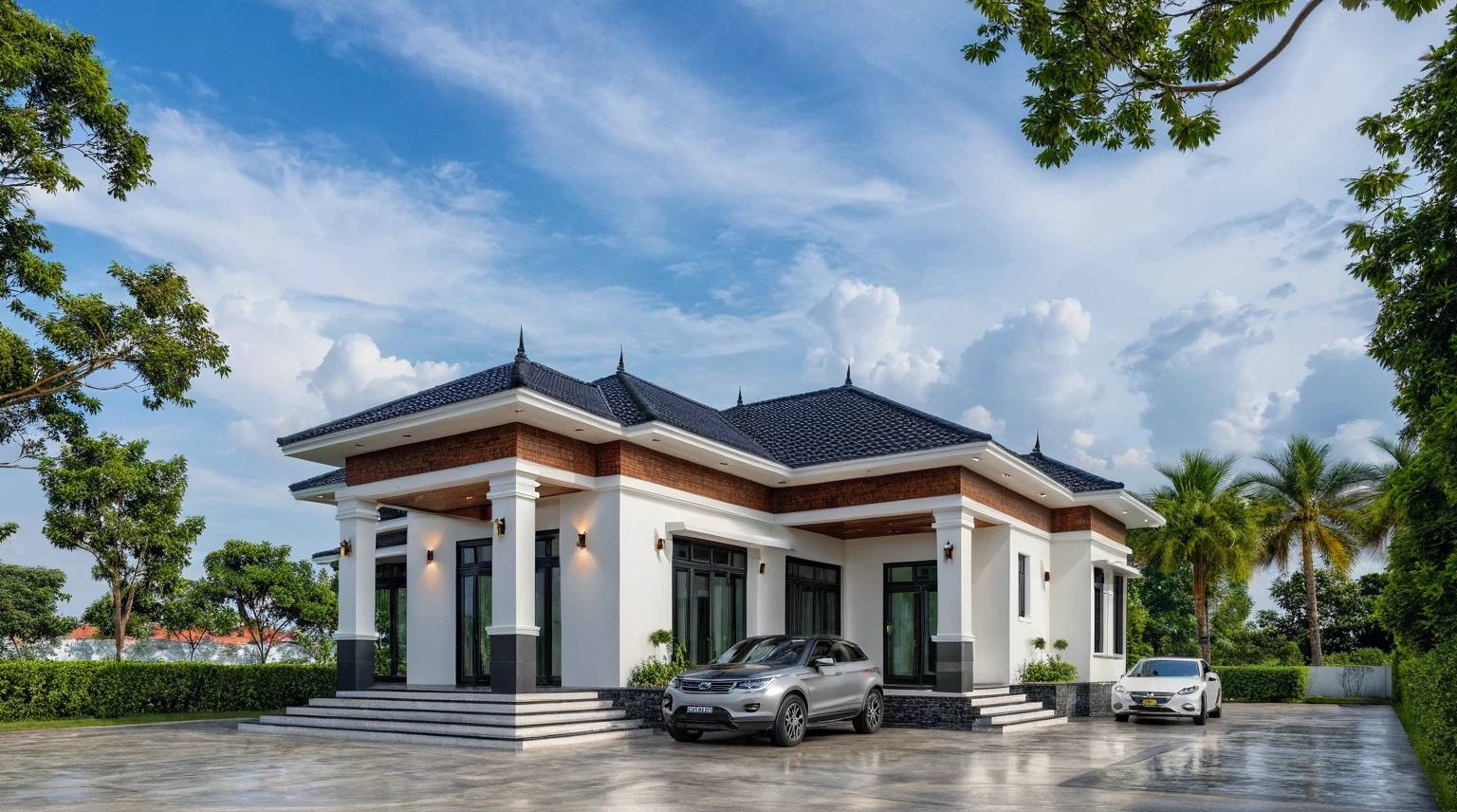(masterpiece:1.2), best quality, photo of A one-story modern house in VietNam with white walls and dark tiles on the roof, tree and plant environment, day light, streetcapes, natural light, vivid color, The exterior of an elegant single family home features large windows, a dark gray door frame.