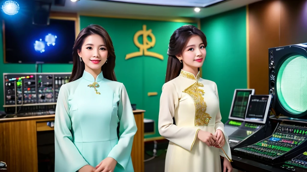 2 beautiful girls inside the music studio , Wear Vietnamese Ao Dai, High quality photos, HD, 4K