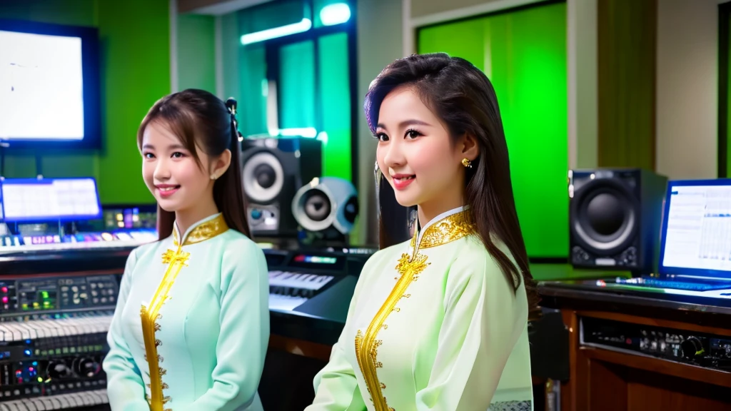 2 beautiful girls inside the music studio , Wear Vietnamese Ao Dai, High quality photos, HD, 4K