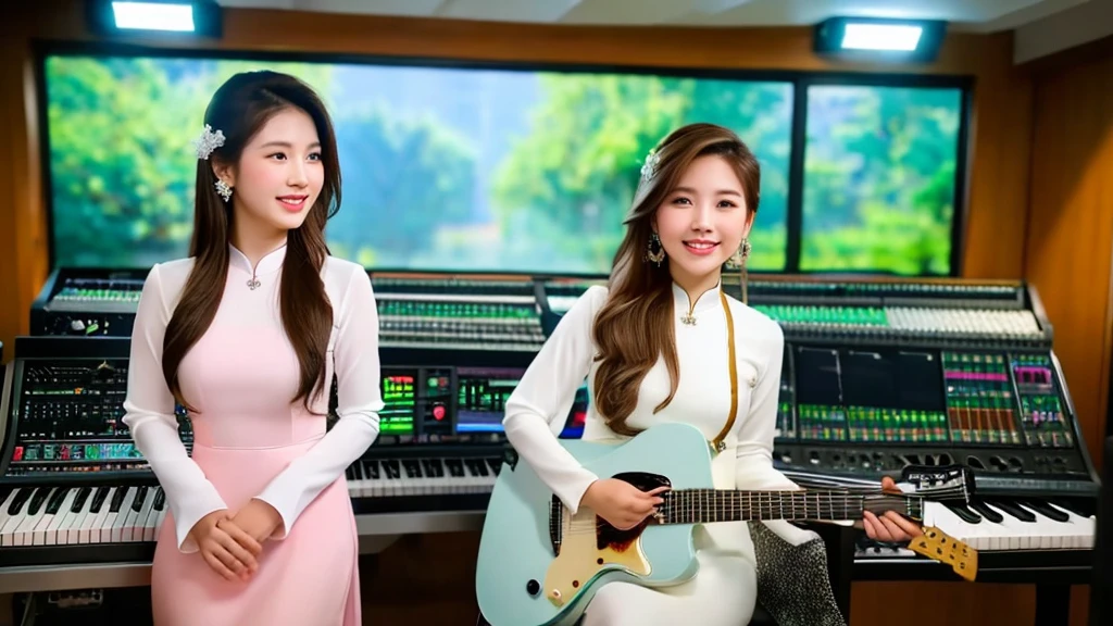 2 beautiful girls inside the music studio , Wear Vietnamese Ao Dai, High quality photos, HD, 4K