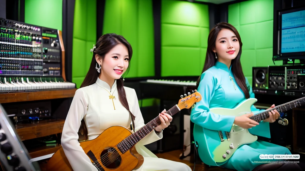 2 beautiful girls inside the music studio , Wear Vietnamese Ao Dai, High quality photos, HD, 4K