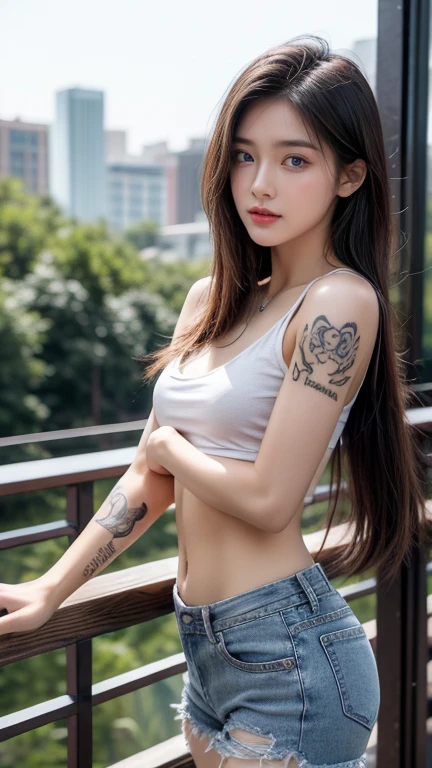 young girl, (19 years old), (perfect face), fit the body (ขาtattoo), (style: rock), (have green eyes), (Close-up photo, Yin leans on the bridge railing.), (tired: shirtless, bare chest ,Cover the chest with your hands..., tan skin, เปิดหน้าท้องกว้าง ripped jean shorts , open thigh high,low waist,tattooใต้สะดือ), (purple, short, straight hair), (moderate, Open your stomach wide..., rounded chest), (in the background, rock style night club). tattoo, tattooใต้สะดือ, tattooต้นแขน, tattooต้นขา
