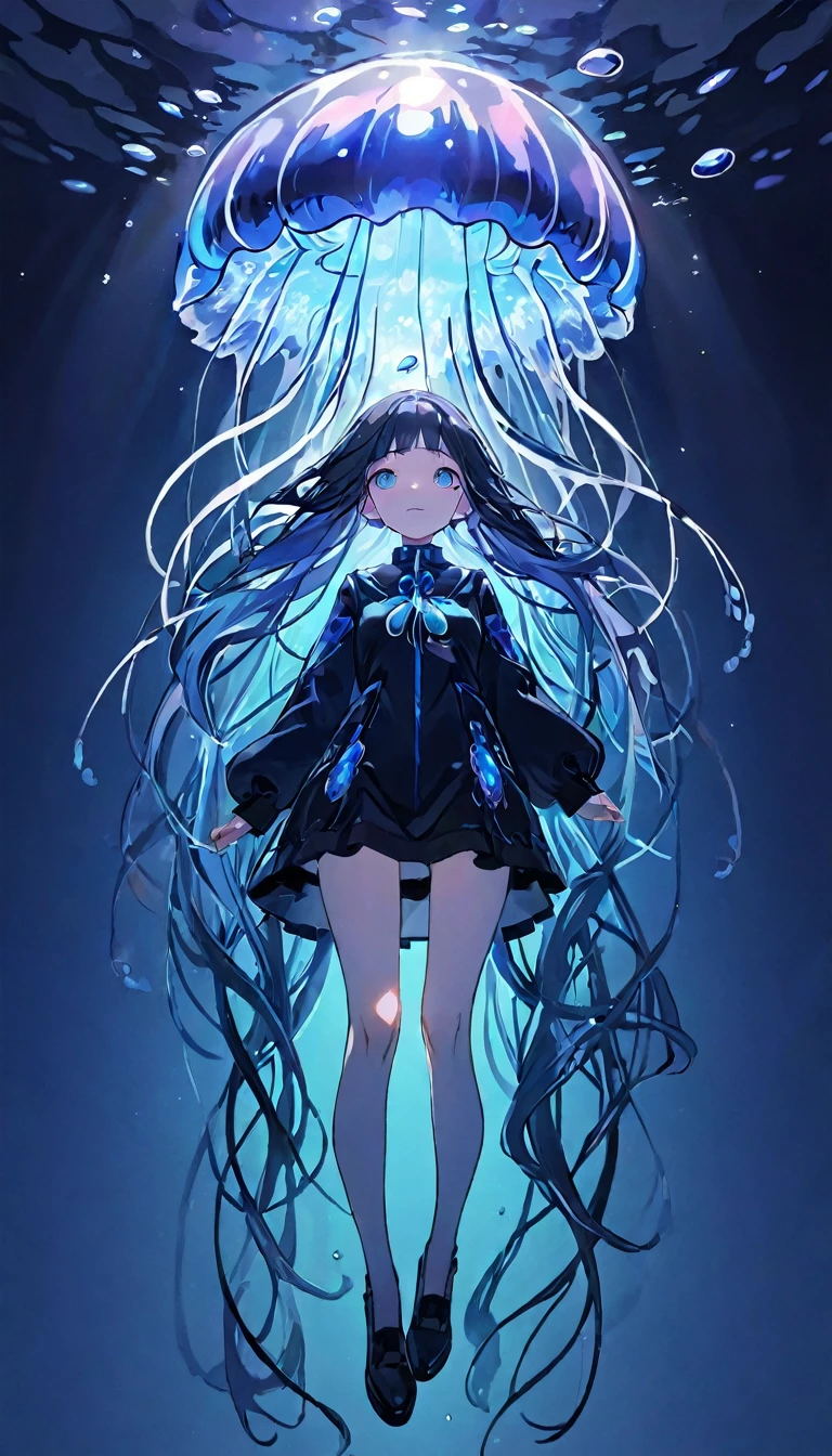 best quality、masterpiece、high resolution、８ｋ、Pitch blackの静寂を演出、Wallpaper Art、Jellyfish floating in the air、Blue glowing jellyfish、Fluorescent jellyfish、Mysterious Expression、Synaptic vesicles、Neurons、Jellyfish-shaped quantum computer、Pitch black、The only light source is the jellyfish、