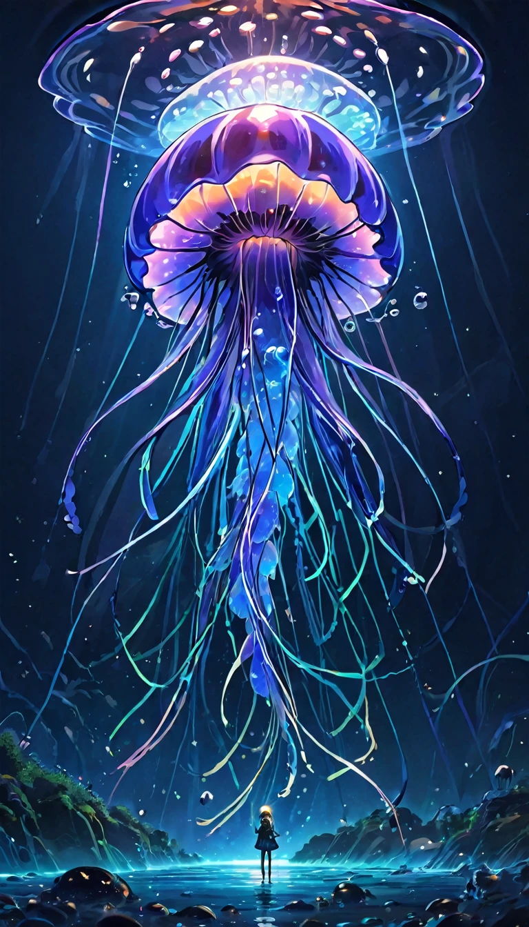 best quality、masterpiece、high resolution、8k、Pitch blackの静寂を演出、Wallpaper Art、Jellyfish floating in the air、Blue glowing jellyfish、Fluorescent jellyfish、Mysterious Expression、Synaptic vesicles、Neurons、Jellyfish-shaped quantum computer、Pitch black、The only light source is the jellyfish、