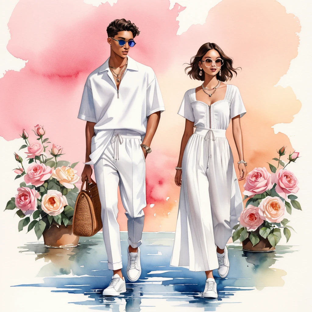 candid fashion illustration of young Mixed race man and woman, both aged 18 year old, ((showcase fashion look book in White linen outfits)), the design inspired David Austin Rose, in elegant young chic bohemian style. The man wears an oversized short-sleeved bowling white shirt with a minimal embroidery details, paired with relaxed-fit white Sports pants with Drawstring, He completes his look with white sneakers, round glasses. The woman complements him in a white Calf-length fitted dress in a cotton crêpe weave with a sweetheart neckline, smocked section at the back and a concealed zip at one side. Elbow-length, short sleeves with covered elasticities over the shoulders and at the cuffs, Her ensemble includes an accessorizes with a brimmed straw bag, wood necklace and white sneakers and necklace. Captured in a low angle, ((full-body image)), ((light rose flower in water color background)), sketching, realistic drawing, ((imperfect water color drawing)), fashion look book, fashion illustrator, sketch design, 