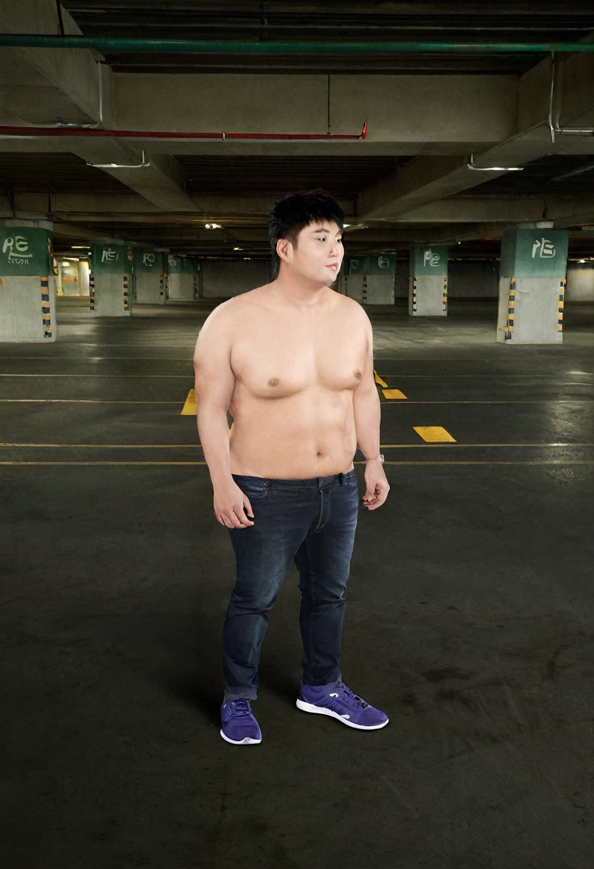arafed man in a parking garage with no shirt on, lean man with light tan skin, full body picture, photorealistic full body, standing in a parking lot, hyper real photo, photorealistic perfect body, inspired by Russell Dongjun Lu, full body pictures, fullbody photo, south korean male, hyper realistic background, shirtless, shirtless :: high detail