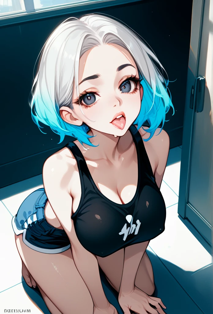 woman, (mature hot face), nasty expression, raven hairstyle, (white hair color, black gradient hair color), (sharp eyes), black pupils, glossy lips, tongue out, drooling golden liquid, voluptuous body, big breasts,lack tank top, honts, bedroom, looking up at viewer, above view, front view, kneeling on the floor