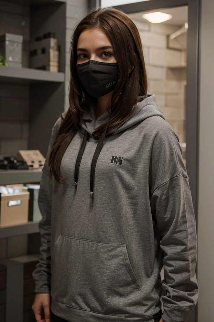 Minecraft character in a gray hoodee has brown hair and wears a half-open mask 
