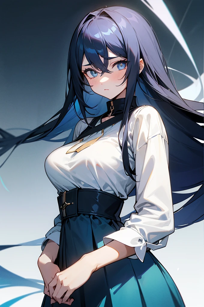 A girl，Black long hair，Dissemination，Light blue pupils，Big breasts，Humanity，A bit dull，mild，Dress conservatively，Azur route style，Casual wear