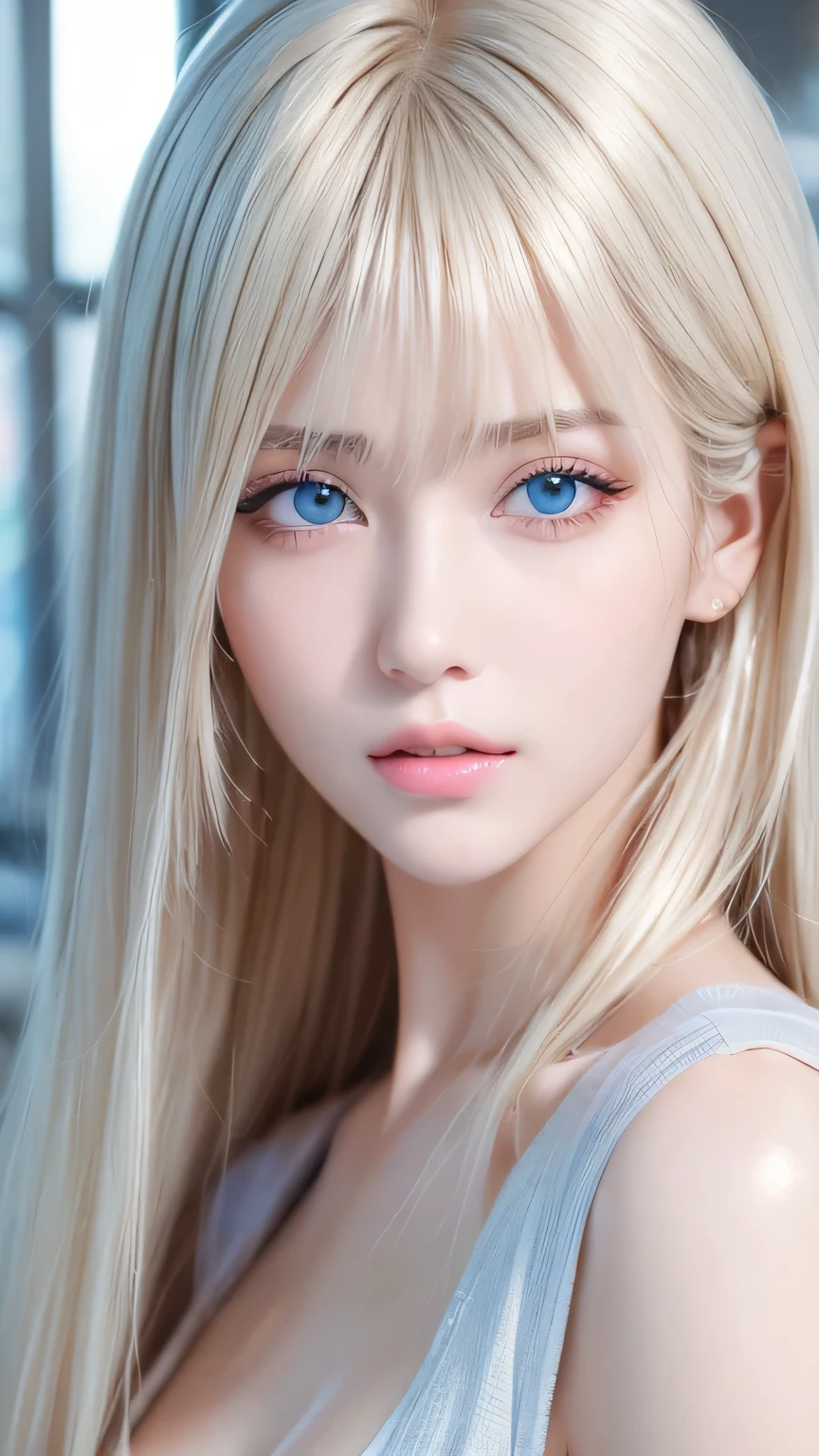 Dressed、(Photorealistic:1.4)、(ハイパーRealistic:1.4)、(Realistic:1.3)、(Smooth lighting:1.05)、(Improved cinematic lighting quality:0.9)、32k、1 Girl、A beautiful woman、Very cute expression、A beautiful 15 year old blonde girl、bangs that fall on the face、Bangs left over the eyeessy bangs between the eyes and nose、Realistic top lighting、Backlight、Face Light、Super long silky platinum hair、Blonde rays、(Bright light:1.2)、(quality improvement:1.4)、(Highest quality realistic textured skin:1.4)、Very beautiful, detailed, shiny, very bright, mint blue, large eyes、Very big eyes、Detailed face、A careful eye for quality、(Tired, sleepy and satisfied: 0.0)、Face close up、T-Shirts、(Enhances the body line:1.1)、(Enhances the beauty of skin texture:1.1)、Cheek gloss highlighter、Small Face Beauty、Round face、Very white and bright skin