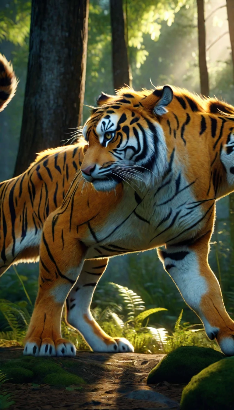 There is a wild beast in the forest,Looks like a tiger,The tail of the cow(best quality,4K,8K,High level,masterpiece:1.2),Ultra Detailed,(lifelike,Photo real,Photo real:1.37),Highly detailed animals,Complex patterns,Realistic lighting,Fantasy Creatures