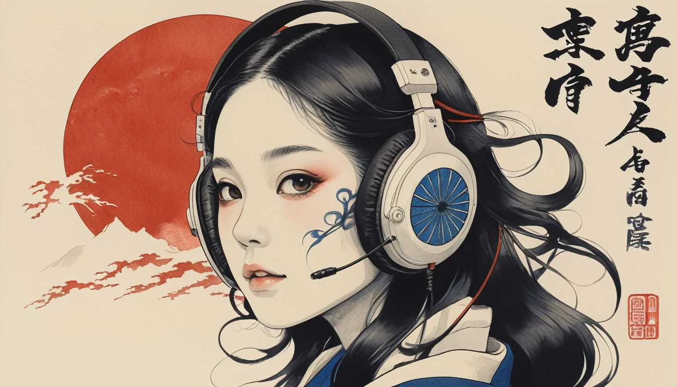 Tattoo on face, Katsushika Hokusai, Ink Painting, beautiful girl, Japanese style headphones, Delicate and precise, Modern ukiyo-e style, long hair, Japanese flag