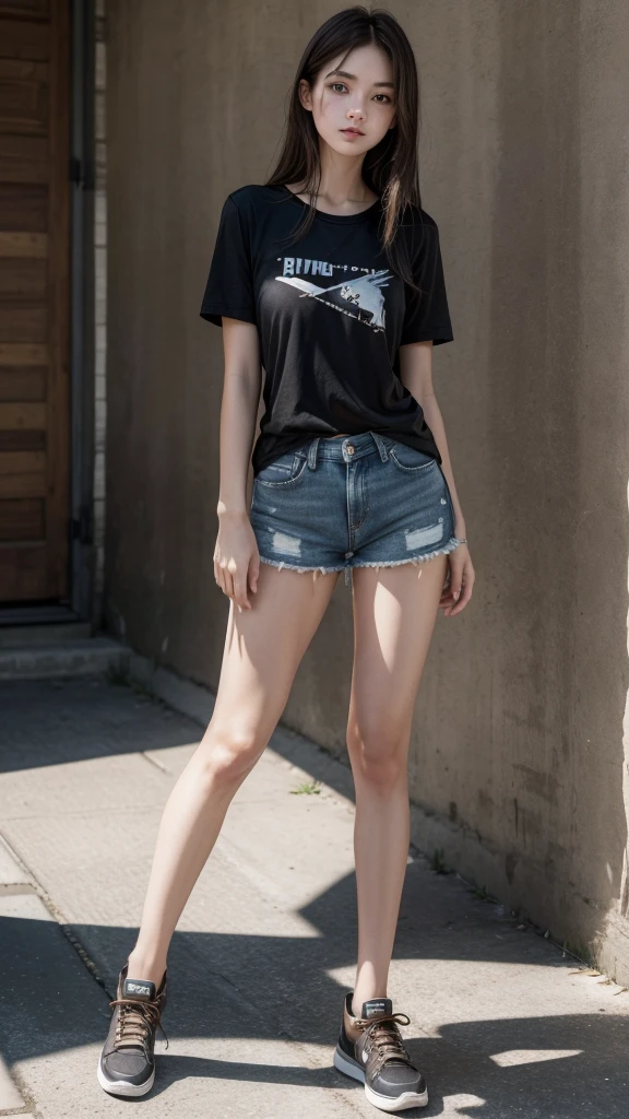 Greater definition, high sharpness. Realistic woman, clear skin, full body, small stature, small loose black t-shirt, exposed ambomen, short denim shorts, long brown hair