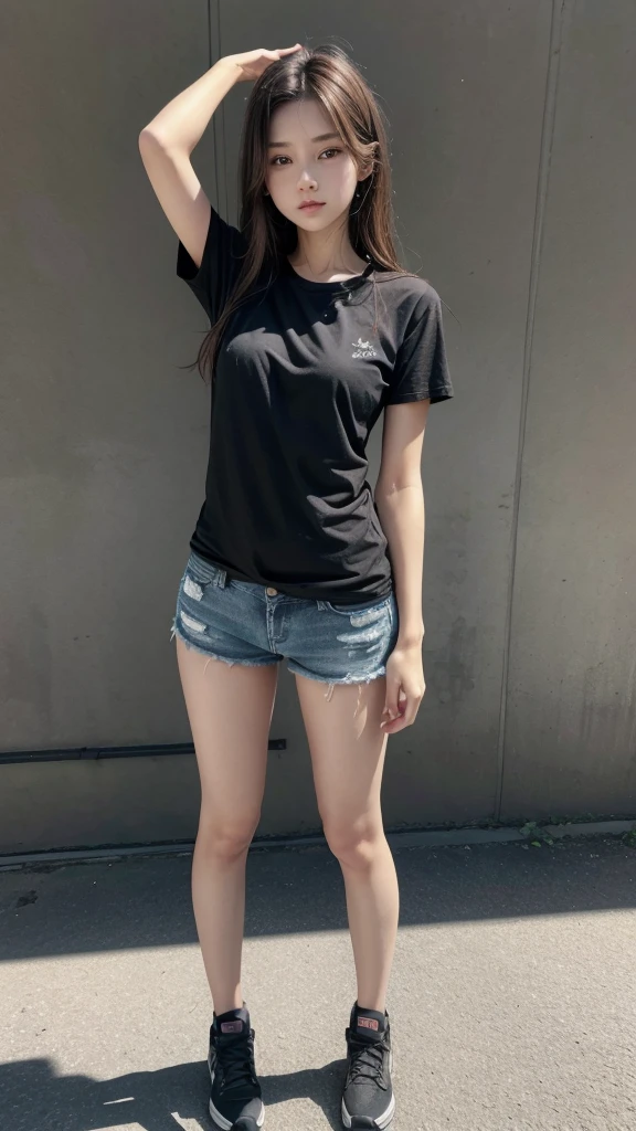 Greater definition, high sharpness. Realistic woman, clear skin, full body, small stature, small loose black t-shirt, exposed ambomen, short denim shorts, long brown hair