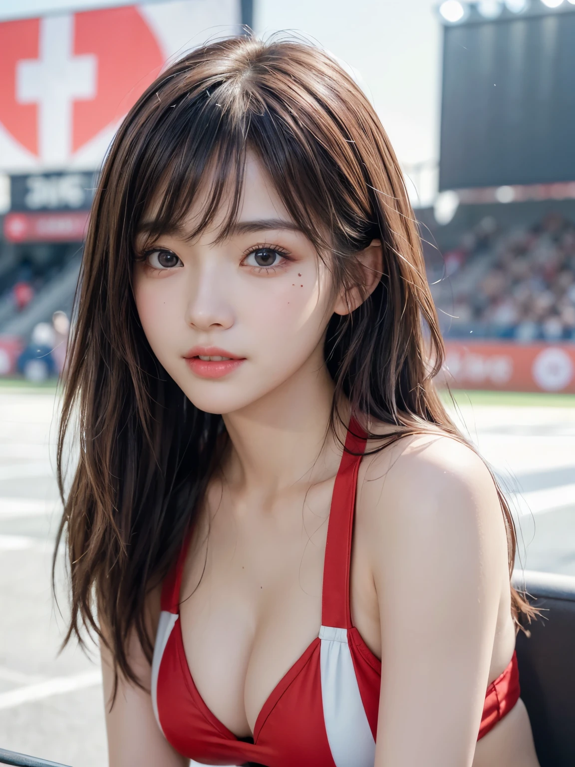 ((masterpiece: 1.3),8K, Realistic, RAW Photos, Highest quality: 1.4), (One Girl), beautiful顔, (Realistic Face), (Brown long hair: 1.3), bangs, Anatomically correct fingers、Anatomically correct hand、(Watching Soccer、Football Stadium、Audience seats)、(((England flag face paint、A bikini with a red cross and the English flag on a white background、Cleavage、 White sneakers)))、Perfect dynamic composition,(High quality with attention to detail, Realistic depiction of eyes:1.3)、whole body、The whole is facing forward、21talent、beauty、Well-formed face、Bangedium Build、Balanced ratio、beautiful足、Fresh face、beautiful景色、beautifulヘアスタイル, (bangs), (smile), smile, Realistic eyes, Gloss, highlight, highlight in the Eyes, eyelash, 目の中のbeautifulディテール, (Realistic Skin), Shooting from the air、beautiful肌, Transparency、(beautiful)、 bust, smile, teeth, Confused, charm, 超High resolution, Ultra-realistic, High resolution, Golden Ratio, Clear eyes, Wet, Mole, Looking into the camera, ear, Shine, Long neck, double eyelid, Big eyes, cheek, kind character, charm personality, kind, Move, 圧倒的なcharm, bright personality