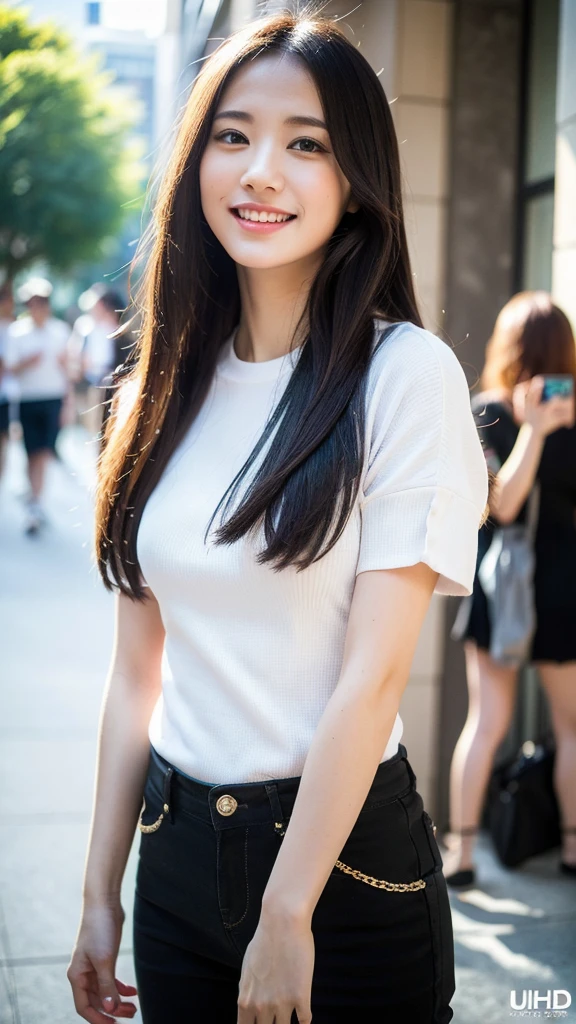 A beautiful young woman with gray eyes, pale skin, slim figure, smiling, long black hair, fashionable outfit, doing a youthful activity, (best quality,8k,highres,masterpiece:1.2),ultra-detailed,(realistic,photorealistic,photo-realistic:1.37),HDR,UHD,studio lighting,ultra-fine painting,sharp focus,physically-based rendering,extreme detail description,professional,vivid colors,bokeh,portrait