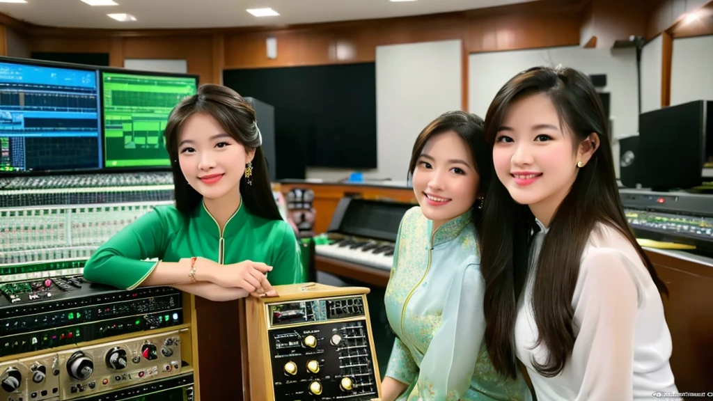 2 beautiful girls inside the music studio , Wear Vietnamese Ao Dai, High quality photos, HD, 4K