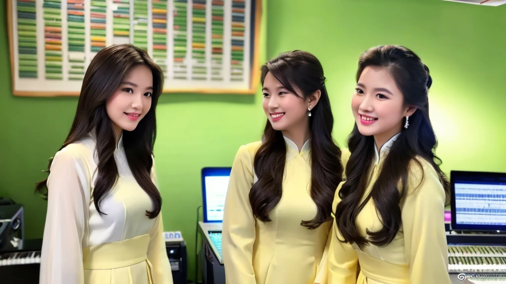 2 beautiful girls inside the music studio , Wear Vietnamese Ao Dai, High quality photos, HD, 4K