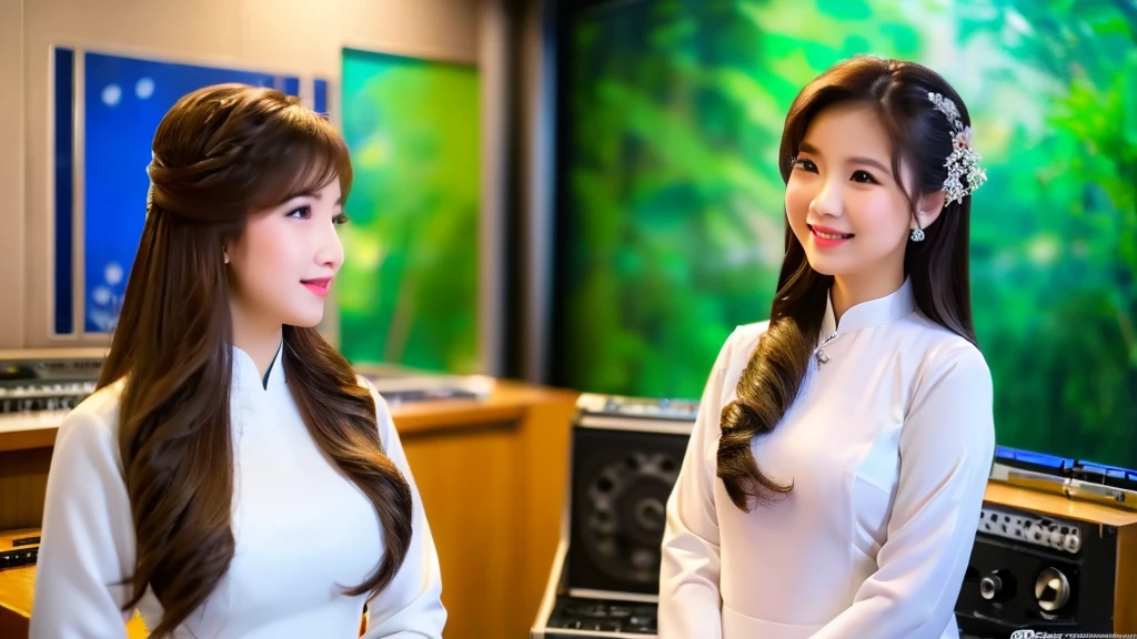 2 beautiful girls inside the music studio , Wear Vietnamese Ao Dai, High quality photos, HD, 4K