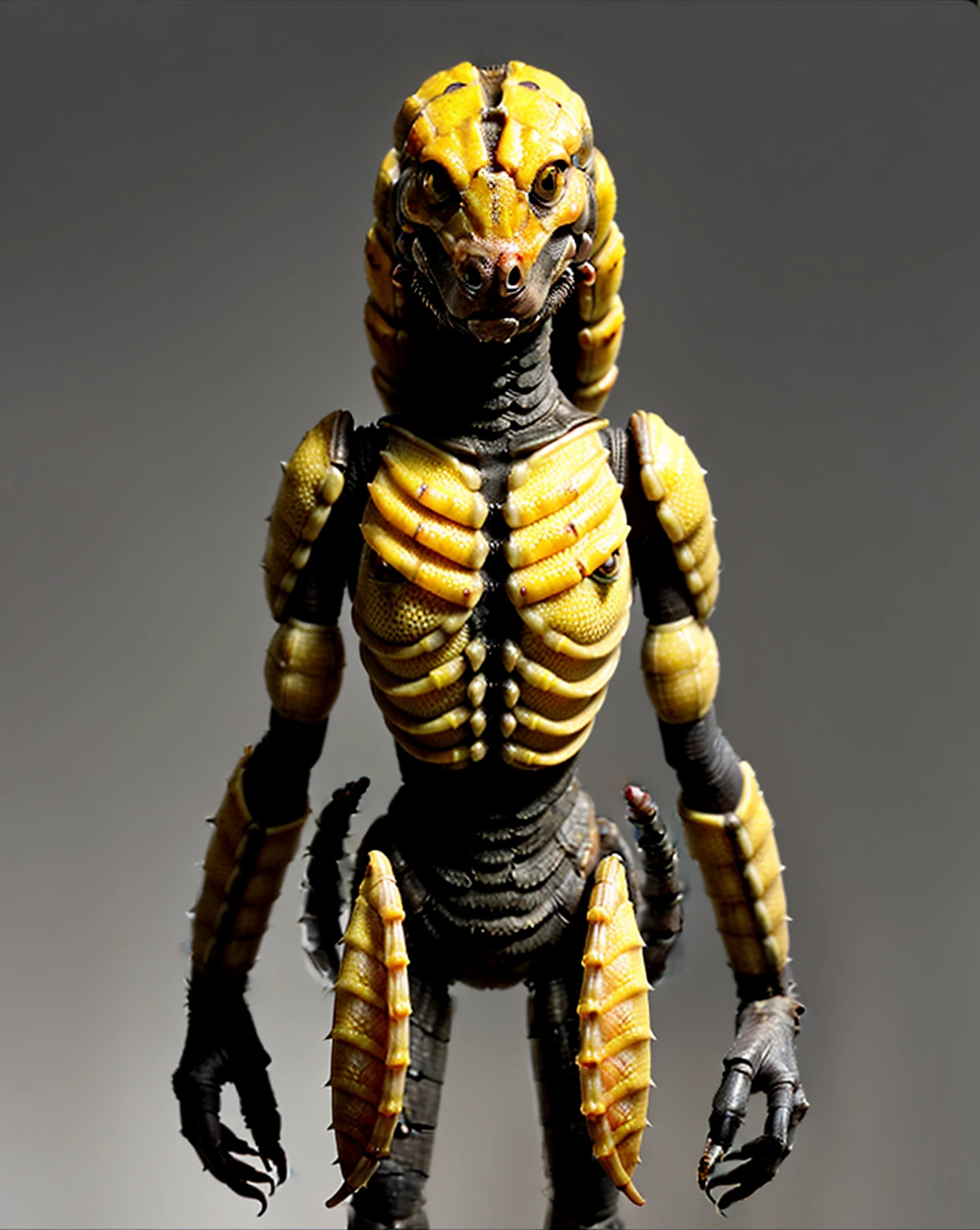 A captivating and original creature design, combining the features of an antlion and a scorpion. The creature has the upper body and head of an antlion, with its distinctive curved jaw, and the lower body of a scorpion with an arched, segmented tail terminating in a deadly stinger. Its exoskeleton is a unique blend of the two species, with a rough, insect-like texture and a sharp, armored carapace. The creature's eyes are large and piercing, while its pincers are ready to grasp and hold onto its prey.