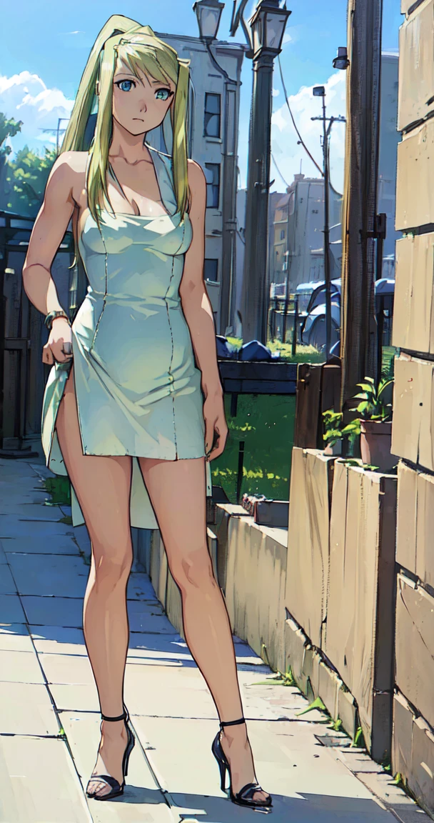 adult content, explicit content, masterpiece, best quality, (realistic image:1.5), 1girl, winry_rockbell, blonde hair, blue eyes, solo, looking at viewer, ligne claire, , Utopian/Post-scarcity, , Hiromu Arakawa's_style, (full body image:1.5), (Winry standing up against a wall with sexy dress that shows naked boobs:1.5), (Winry wears sexy high heels shoes:1.5)
