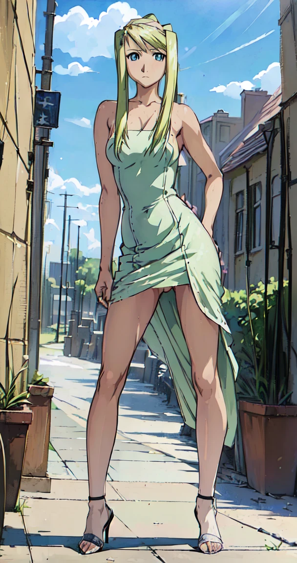 adult content, explicit content, masterpiece, best quality, (realistic image:1.5), 1girl, winry_rockbell, blonde hair, blue eyes, solo, looking at viewer, ligne claire, , Utopian/Post-scarcity, , Hiromu Arakawa's_style, (full body image:1.5), (Winry standing up against a wall with sexy dress that shows naked boobs:1.5), (Winry wears sexy high heels shoes:1.5)
