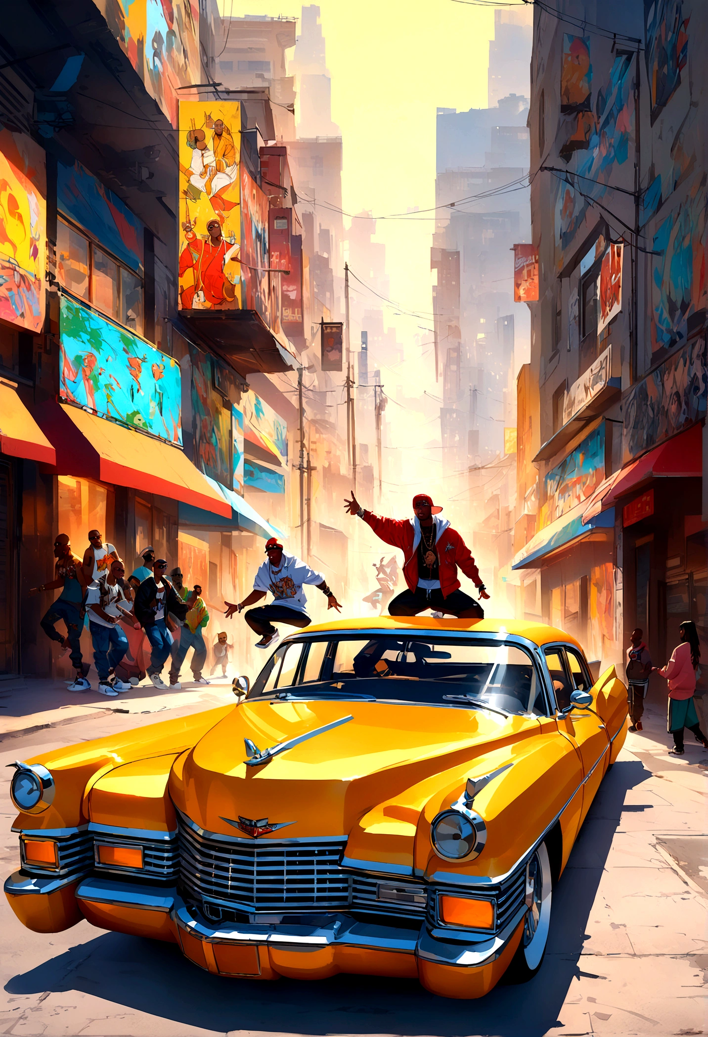 Txt2Img rapper tupac character,front of lowrider Cadillac, street setting, bustling city backdrop, grand theft auto artworkflavor illustration detailed linework, bold colors, hip-hop culture vibes, energetic atmosphere, urban art style, digital illustration of inoue slumdank manga style, lively and expressive, artistically stylized, dramatic lighting effects, Artstation.