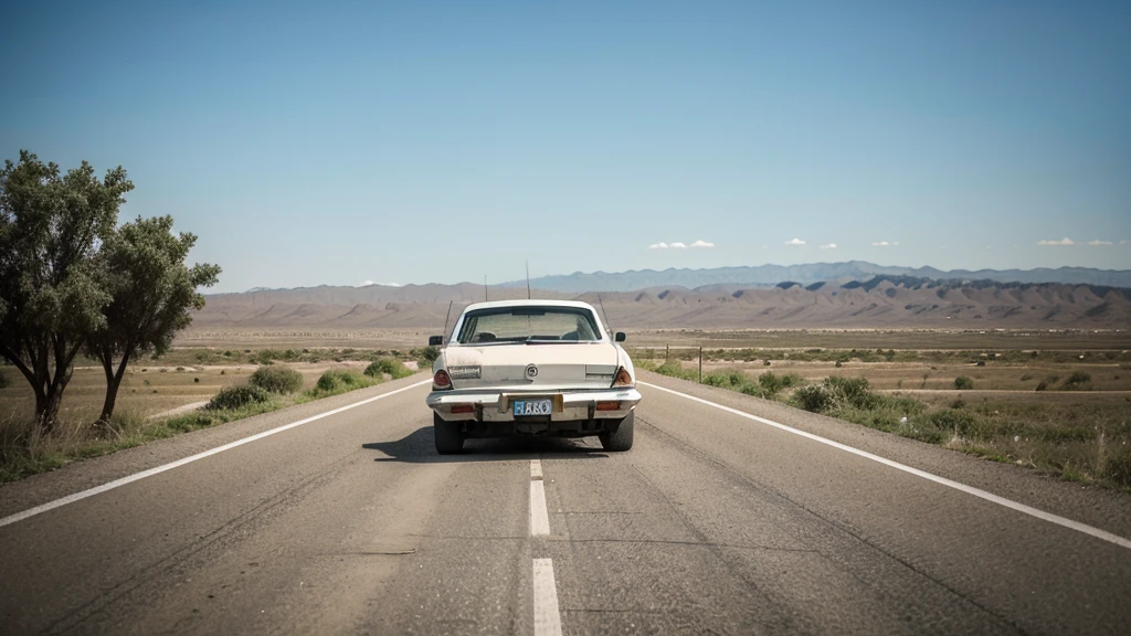 An old white car is driving along a deserted road with people. Rear view.