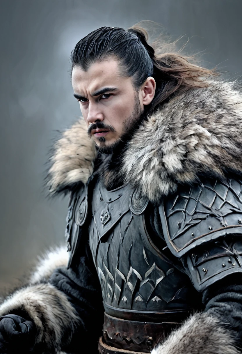 nordic man, warrior, stark, grimdark, ferocious, fur clothing, lobos, seriousness, tense climate