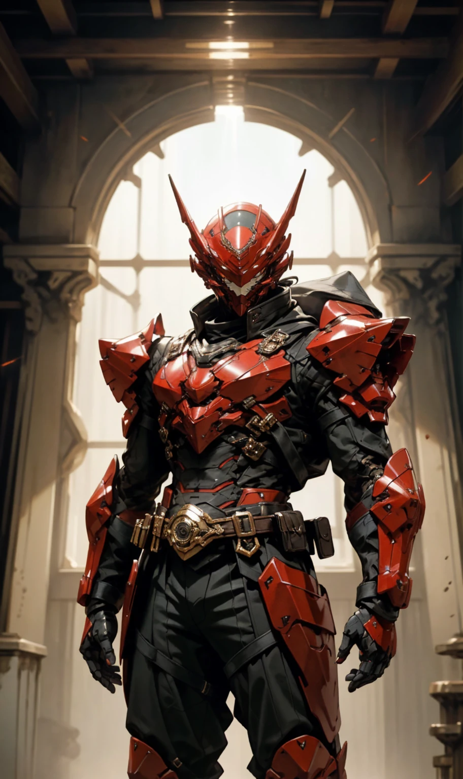 A man wearing a full-face helmet that covers most of his face, adorned in a biomimetic fantasy-style armor, the predominant black color is accented with red textures in the design this character embodies a finely crafted fantasy-style armored warrior design in anime, ((character concept art)), high definition, best quality, ultra-detailed, extremely delicate, anatomically correct, symmetrical face, extremely detailed eyes and face, high quality eyes, creativity, RAW photo, UHD, 16k, (Natural light, cinematic lighting, masterpiece:1.5)