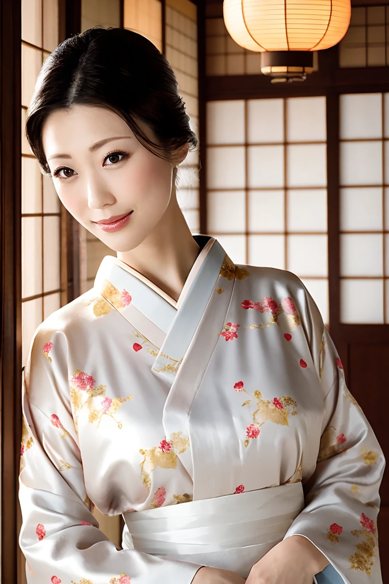 (Highest quality、Tabletop、8k、Best image quality、Award-winning works)、(One beautiful mature woman:1.1)、Adult face、(Innkeeper:1.1)、(Elegant floral kimono:1.2)、(V-neck collar:1.1)、(Cleavageが露わになる:1.2)、(Kimono that exposes the chest:1.3)、(Cleavage:1.5)、(Open chest:1.3)、(Large Breasts:1.4)、(Large Breastsの谷間を露出する:1.5)、Perfect mature woman portrait photo、Glowing Skin、Standing Elegantly、(Blurred elegant and exquisite perfect Japanese style room background:1.3)、(The most natural and perfect tidy Japanese style room background:1.2)、Glowing White Skin、Very white skin、(Accentuate your body lines:1.1)、(The most graceful posture:1.2)、A perfect smile、Perfect beautiful glossy lips、(Accurate anatomy:1.1)、(A perfect and elegant outfit:1.1)、(Standing with good posture:1.1)、(Face close-up:1.1)、(Front facing body:1.2)
