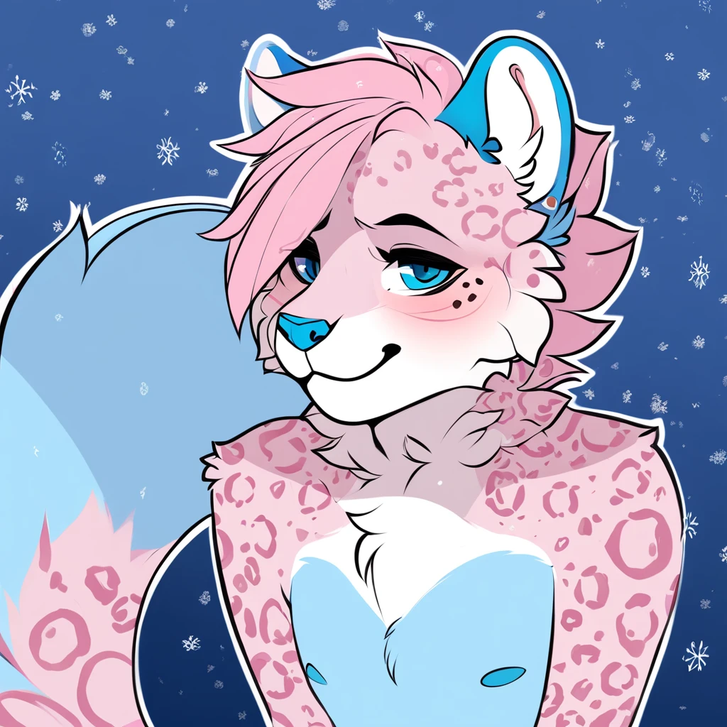 adult, feline, mammal, anthro, anthropomorphic, snow_leopard, striped, fur, striped_feline, fur, furred_anthro, femboy, male, light_pink, fluffy, long_tail, blue_nose, expressive eyes, feline_ears, pink_hair, blue_fur, light_blue_chest, shy, small_pupils, spotted_pattern, stripes, digital_art, high_resolution, high_res, hand-drawn, pencil_lines, head_visible, background, neck_visible, seductive_face, blue_galaxy_background, white_outline, detailed_line_work, profile_picture, head_visible