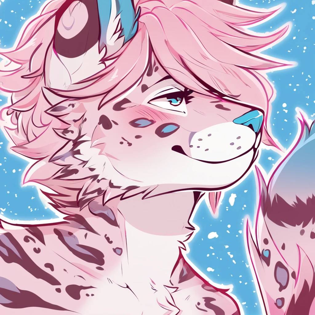 adult, feline, mammal, anthro, anthropomorphic, snow_leopard, striped, fur, striped_feline, fur, furred_anthro, femboy, male, light_pink, fluffy, long_tail, blue_nose, expressive eyes, feline_ears, pink_hair, blue_fur, light_blue_chest, shy, small_pupils, spotted_pattern, stripes, digital_art, high_resolution, high_res, hand-drawn, pencil_lines, head_visible, background, neck_visible, seductive_face, blue_galaxy_background, white_outline, detailed_line_work, profile_picture, head_visible