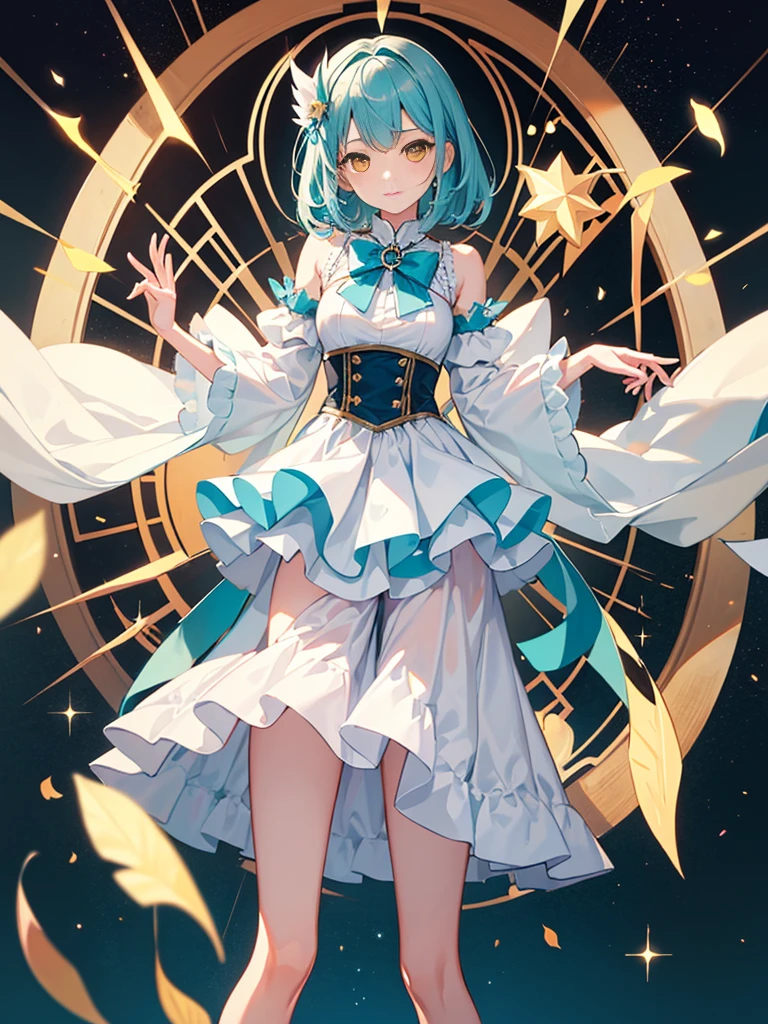1girl, dress, idol costume, white clothes, layered skirt, teal color hair, yellow eyes, short straight hair, ((magical girl))